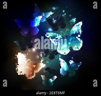 Fabulous, glowing, blue and yellow, night butterfly on dark background. Stock Vector