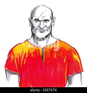 Prisoner in orange robe with a scar on his face. Ink and watercolor drawing Stock Photo