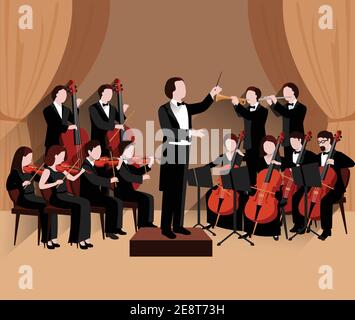 Symphonic orchestra with conductor violins chello and trumpet musicians flat vector illustration Stock Vector