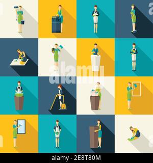 Cleaners in work with tools and equipment color with shadows flat icons set isolated vector illustration Stock Vector