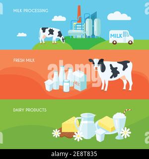 Milk farm dairy products flat horizontal banners set with cream yoghurt and cheese abstract isolated vector illustration Stock Vector