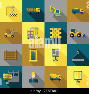 Construction and building industry icons flat long shadow set isolated vector illustration Stock Vector