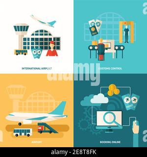 Airport design concept set with customs control and online booking flat icons isolated vector illustration Stock Vector