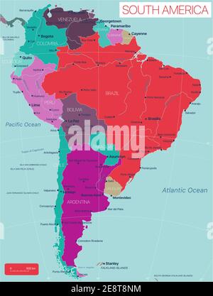 South America detailed editable map with countries capitals cities and towns, geographic sites. Vector EPS-10 file Stock Vector