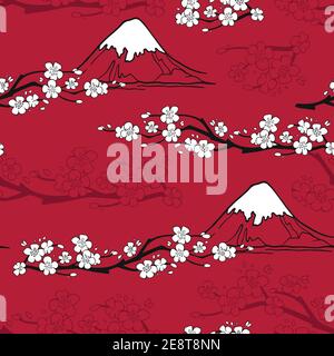 Japanese seamless pattern with sakura blossoms and fuji mountains vector illustration Stock Vector
