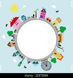 Circular frame of cartoon city Stock Vector