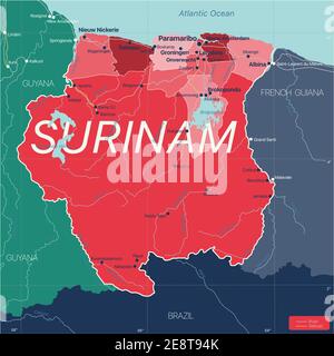 Surinam country detailed editable map with regions cities and towns, roads and railways, geographic sites. Vector EPS-10 file Stock Vector