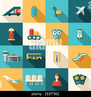 Airport icons flat long shadow set with arrival and departure symbols isolated vector illustration Stock Vector
