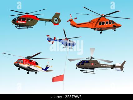 Set of Ambulance or army helicopter. Vector 3d illustration Stock Vector