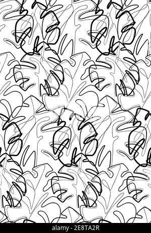 Seamless pattern of contour illustration of monstera leaves. Tropical flora. Monoline picture. Vector trendy continuous line foliage of various shapes Stock Vector