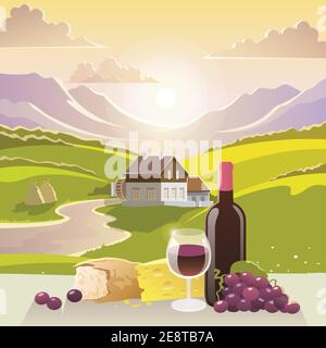 Wine cheese and bread with mountain landscape and country house on background vector illustration Stock Vector