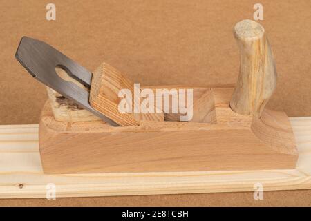 Set of a brand new carpenters tool on a wooden background Stock Photo