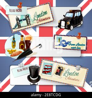 London horizontal banner set with transport architecture cartoon elements and postcards on flag background isolated vector illustration Stock Vector