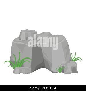Rock, big stone with grass detailed drawing geologic structure, texture isolated on white background. Construction, design element for game, boulder. Stock Vector