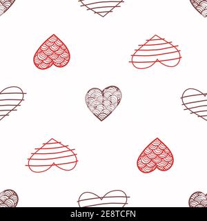 Seamless pattern of doodle hearts with decorations on white background. Love texture on Valentines Day holiday. Vector simple festive wallpaper. Gentl Stock Vector