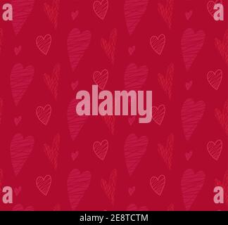 Seamless pattern of pink silhouette and outline doodle hearts with hatching on red background. Scribble texture. Love on Valentines Day holiday. Vecto Stock Vector