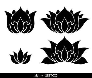 Set of black silhouettes of stylized lotuses. Water lily logos for yoga and sports centers. Simple flower icons for spa and beauty salons. Zen and Med Stock Vector