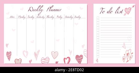 Weekly planner and to do list template. Romantic letterhead with hearts. A holiday gift for Valentines Day. Vector set of to do and documentation plan Stock Vector
