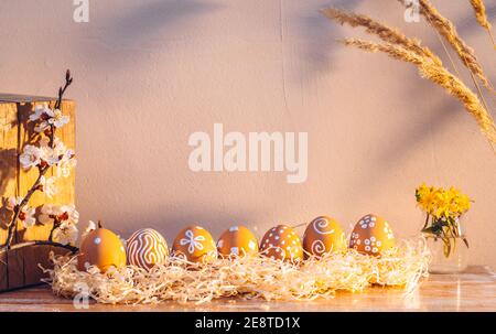 Easter eggs in the morning sunlight. Rural scene Stock Photo