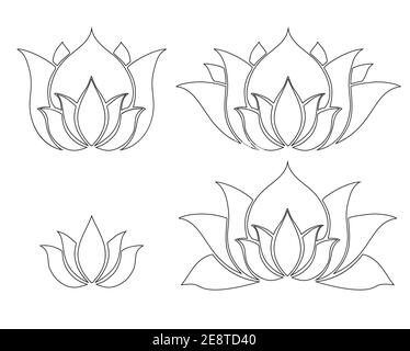 Set of different contour flowers of lotuses. Icons for yoga sports centers. Logos for spa centers and beauty salons. Vector outline natural floral ele Stock Vector