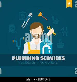 Plumber handyman with pipe repair tools flat icon vector illustration Stock Vector