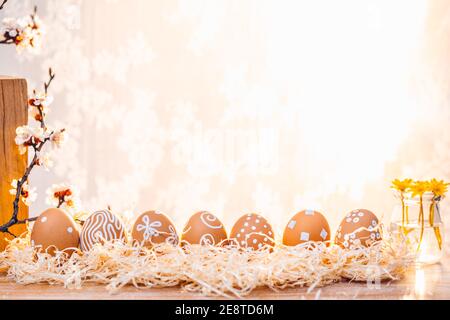 Easter eggs in the morning sunlight. Rural scene Stock Photo