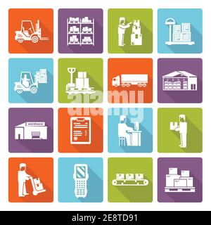 Warehouse flat long shadow icons set with shipment and delivery symbols isolated vector illustration Stock Vector