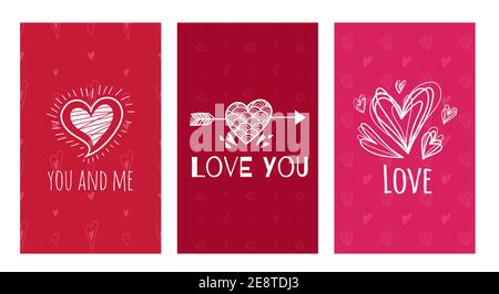 Set of Valentine s Day cards with hearts and lettering. I love you. You and me. Banners and invitations. Vector pink vertical templates. Stock Vector