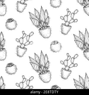 Seamless sketch texture with homemade cacti and succulents in pots with hatching. Decorations for the interior. Vector contour pattern for wallpaper, Stock Vector