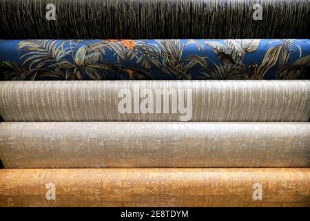 Wallpaper with abstract and floral patterns for the wall. Rolled up rolls of expensive vinyl wallpaper. Various textures, colors, backgrounds. Stock Photo