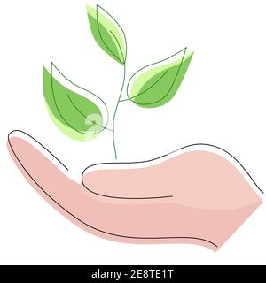 Hand with green plant. Nature care concept. Save planet. Stock Vector