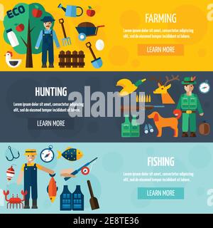 Fisherman hunter and farmer with accessories flat horizontal banner set isolated vector illustration Stock Vector