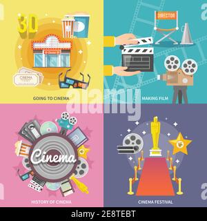 Historical cinema festival movie theater entrance tickets set 4 flat icons square composition abstract isolated vector illustration Stock Vector