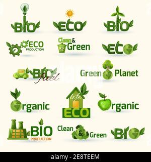 Green ecology and bio text with leafs badges set isolated vector illustration Stock Vector