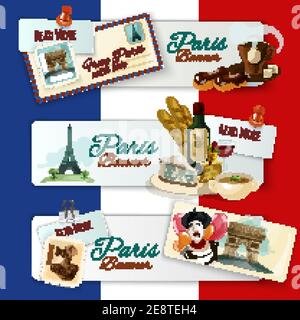 Paris horizontal banners set with touristic elements and postcards on flag background isolated vector illustration Stock Vector