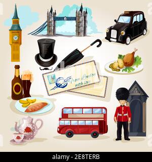 London decorative icons set with cartoon landmarks and touristic symbols isolated vector illustration Stock Vector