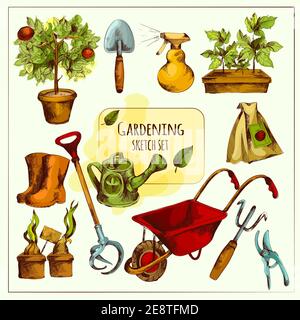 Gardening tools sketch set colored with shovel spray rubber boots isolated vector illustration Stock Vector