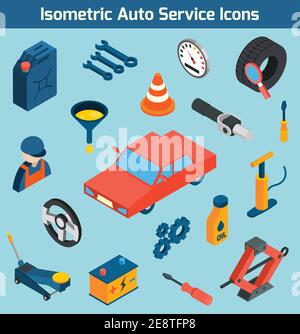 Auto service tools consumables and spare parts isometric icons set isolated vector illustration Stock Vector