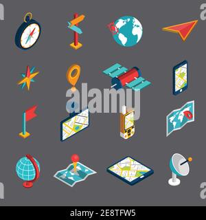 Navigation methods tools accessories and symbol isometric icon set isolated vector illustration Stock Vector
