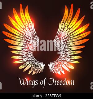 Sketch angel or bird wings on dark background with wings of freedom text vector illustration Stock Vector