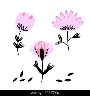 Floral set based on traditional folk art ornaments. Isolated pink and black flowers. Scandinavian style. Sweden nordic style. Vector illustration Stock Vector