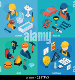 Plumber mechanic electric and miner profession man with tools isometric icons set isolated vector illustration Stock Vector