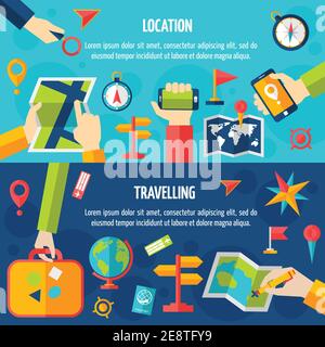 Location traveling and navigation tools accessories and symbol flat horizontal banners set isolated vector illustration Stock Vector