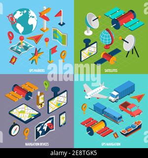 Gps navigation satellites markers and devices with symbol and accessories isometric icon set isolated vector illustration Stock Vector