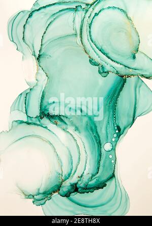 Abstract alcohol ink art hand drawing green waves Stock Photo