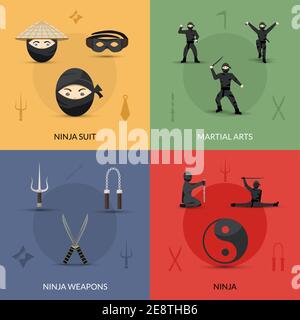 Ninja design concept set with suit weapon and martial arts flat icons isolated vector illustration Stock Vector
