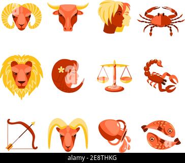 Stylized icons collection of twelve zodiac star signs for every date horoscope flat abstract isolated vector illustration Stock Vector