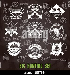 Hunting club labels and icons chalkboard set isolated vector illustration Stock Vector
