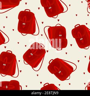 Seamless pattern with backpack on color background. Leather red bag. Flat design. Fashion accessory for school. Youth modern model. Briefcase in Stock Vector
