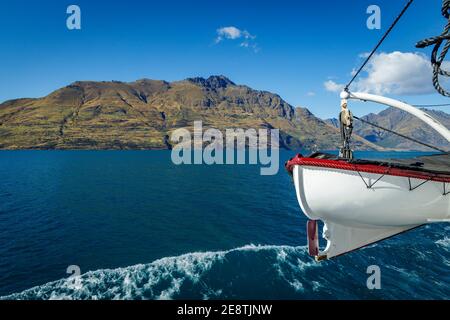 View from the 1912 TSS Earnslaw on Lake Wakatipu in Queenstown, South Island, New Zealand.